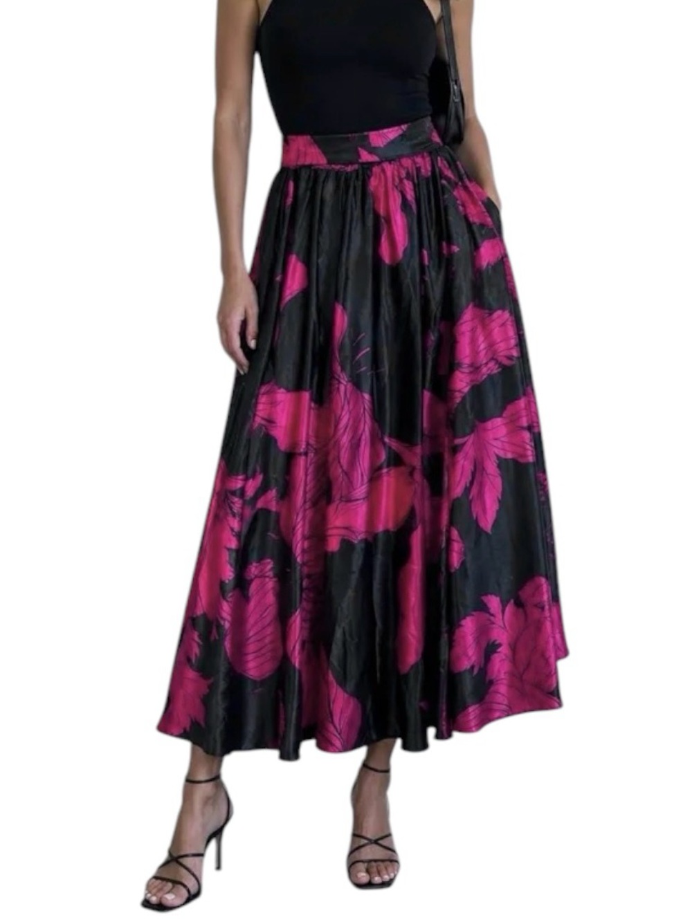 Her Destiny Floral Satin-like Maxi Skirt in Black & Fuchsia